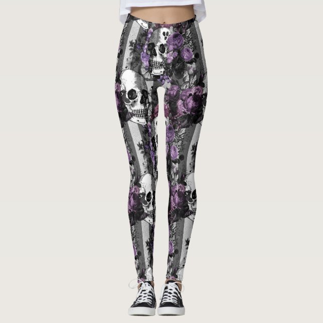 Leggings Crânes et fleurs violettes (Devant)