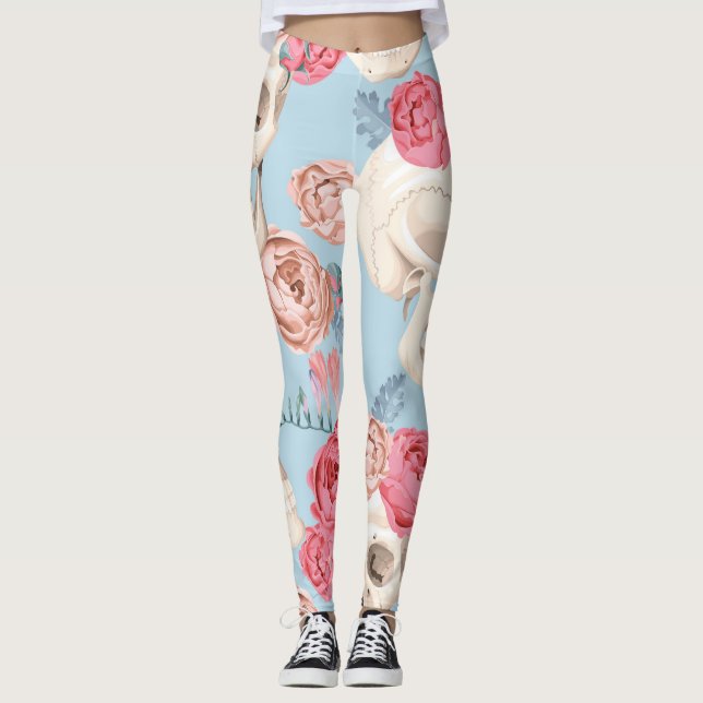 Leggings Crânes et Motif Vintage Rose (Devant)