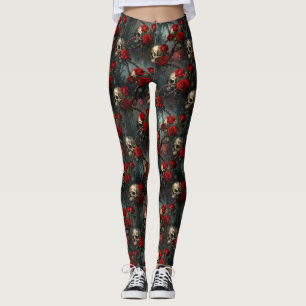 Leggings Crânes et rose grimpante rouge