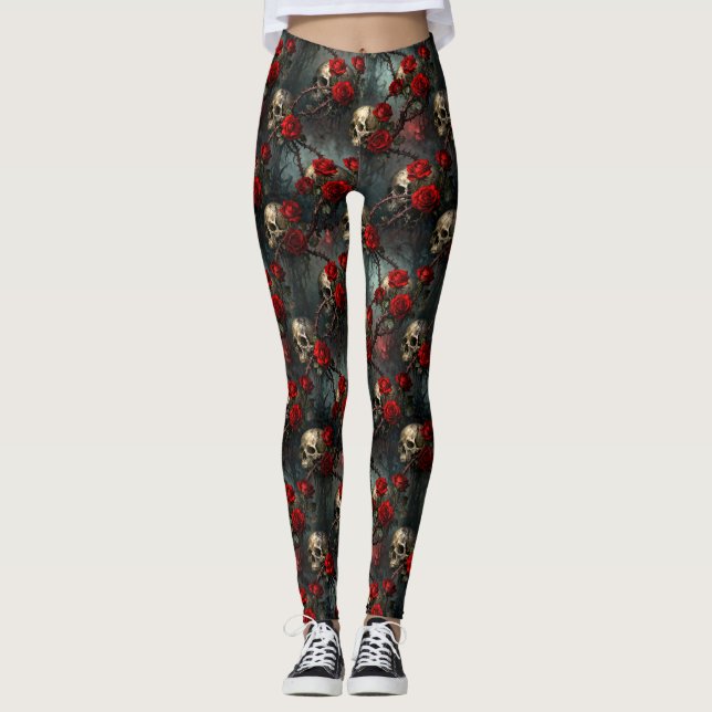 Leggings Crânes et rose grimpante rouge (Devant)