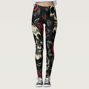 Leggings Crânes et roses rouges florale gothique