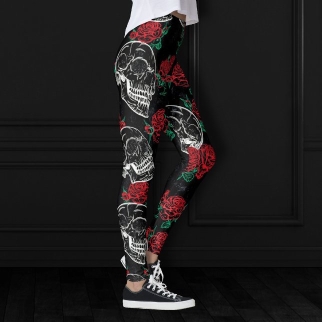 Leggings Crânes et roses rouges | Grunge gothique moderne (Créateur téléchargé)