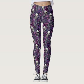 Leggings Crânes floraux Fleurs violettes Légendes gothiques
