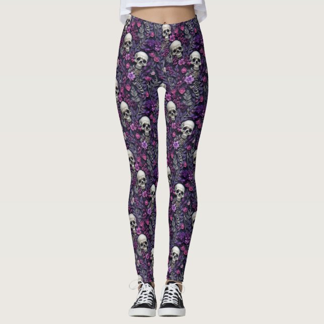 Leggings Crânes floraux Fleurs violettes Légendes gothiques (Devant)