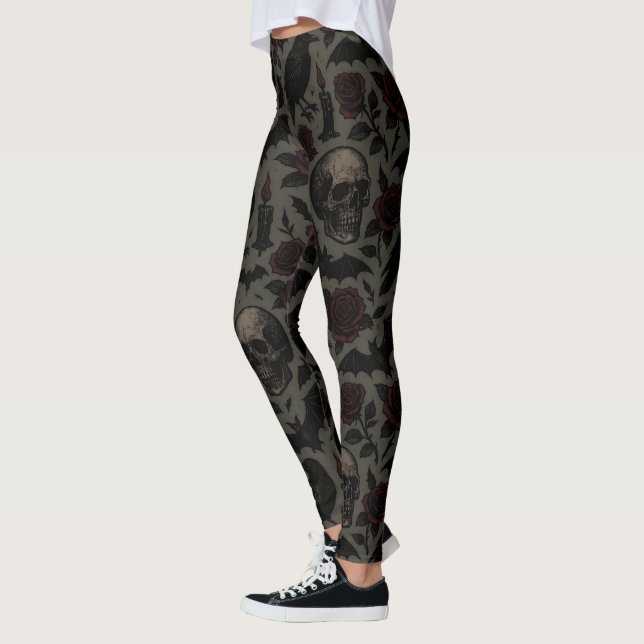Leggings Crânes gothiques, corbeaux et Motif Rose (Gauche)