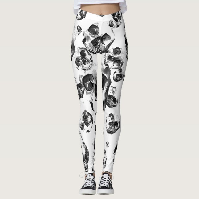 Leggings Crânes Noir & Blanc Motif d'Art de Crâne de Squele (Devant)
