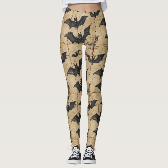Leggings Cream Denim Grunge Patchwork avec Chauves-souris (Devant)