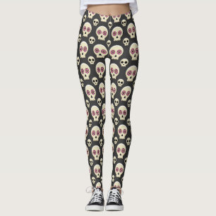 Leggings Creepy Cute Kawaii Goth Skull with Flowers