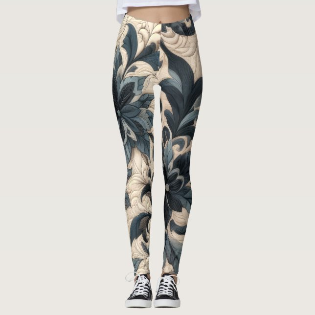 Leggings Crème courbée et conception florale bleu marine (Devant)