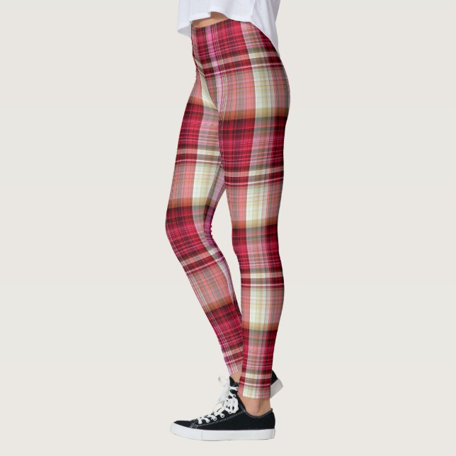 Leggings Crème rose de framboise et grand plaid de tartan (Gauche)
