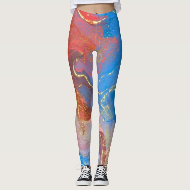 Leggings Crimson, Blush, Blue and Gold Marbled Alcohol Ink (Devant)