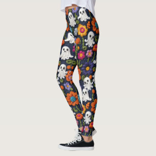 Leggings Crochet Look Halloween Fantômes et Fleurs sauvages