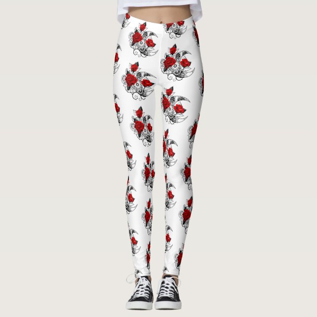 Leggings Croissant mécanique avec roses rouges (Devant)