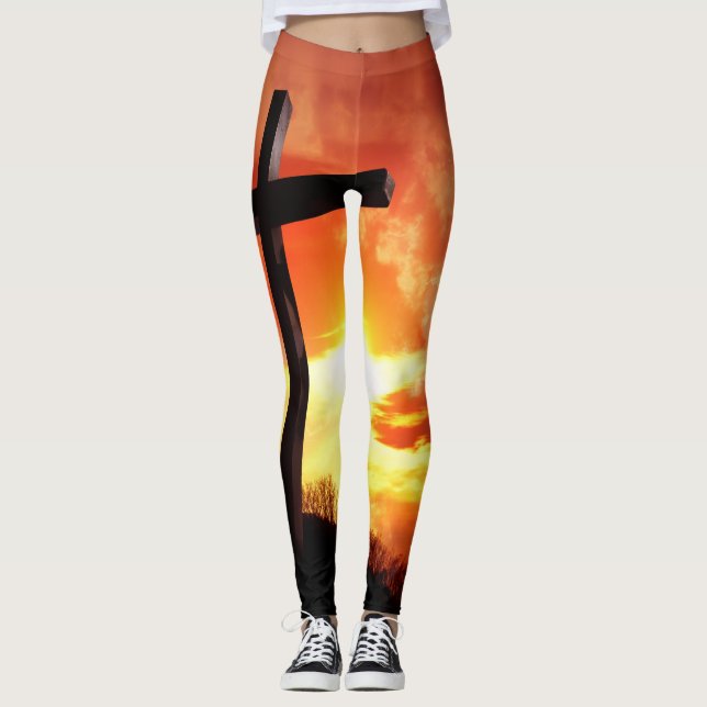 Leggings Croix de Pâques religieuse au coucher du soleil (Devant)