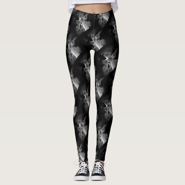 Leggings Croix gothique Lune GraveYard avec Corbeaux (Devant)