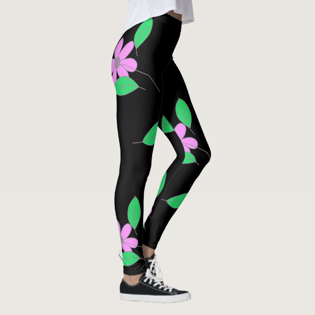 Leggings Croquis de fleurs rose pâle Feuille vert (Droite)