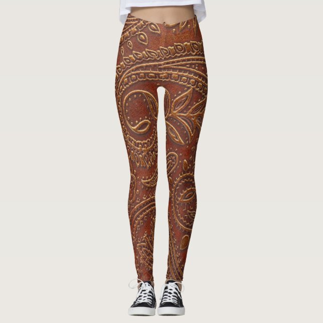 Leggings Cuir Brown, motifs floraux à outils. (Devant)