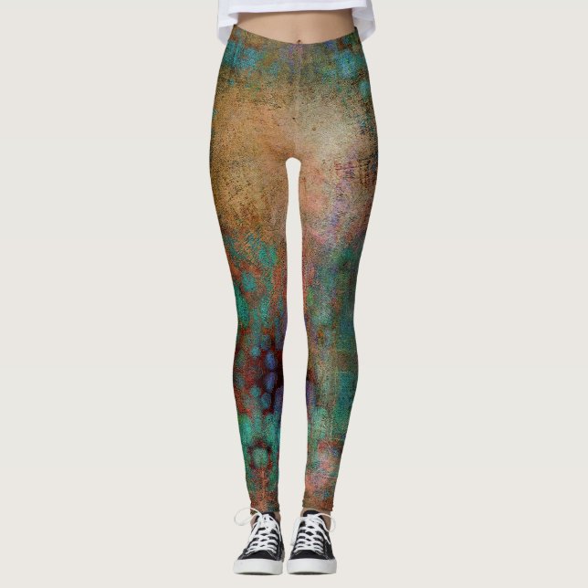 Leggings Cuivre, Turquoise et Magenta Abstrait (Devant)