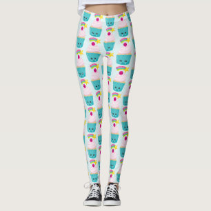 Leggings Cupcake bleu mignon avec visage Kawaii