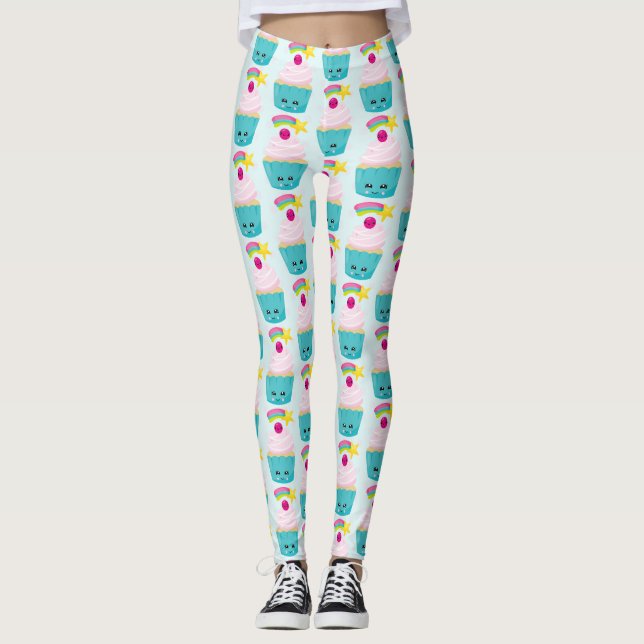 Leggings Cupcake bleu mignon avec visage Kawaii (Devant)