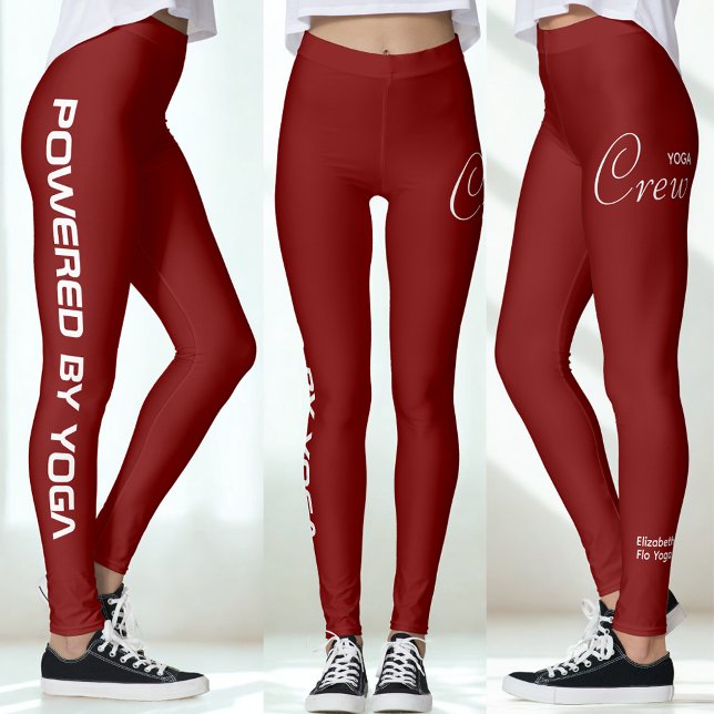 Leggings Custom Print Yoga Crew Deep Red (Red yoga leggings in three views.)
