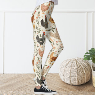Leggings Cute Amusant Vintage ivoire rose floral poule pouc