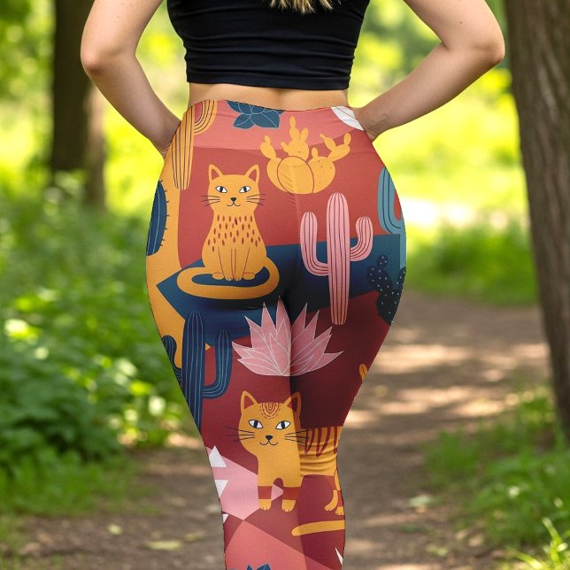 Leggings Cute Boho Desert Cats Cactus Succulent Pattern (Créateur téléchargé)