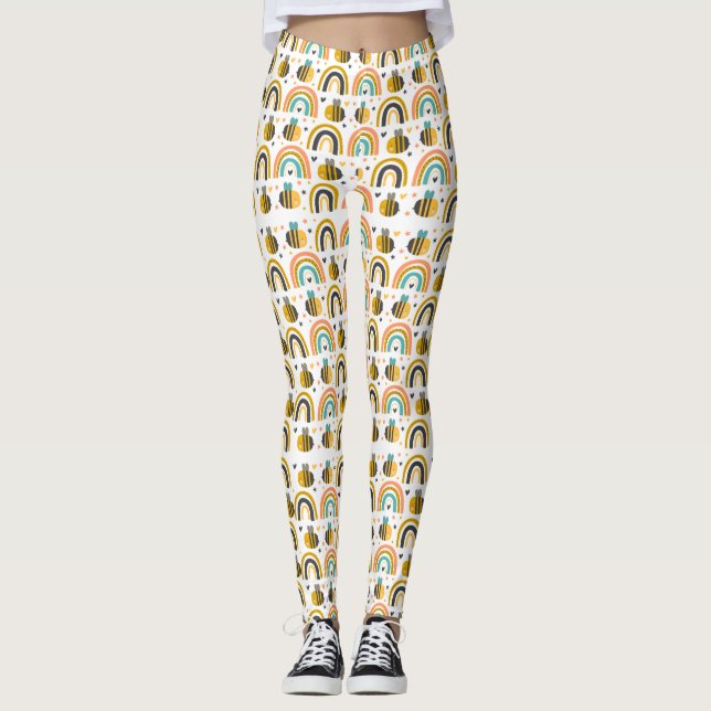 Leggings Cute Bumble Bee et Rainbows Motif (Devant)