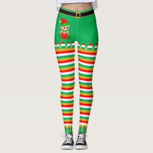 Leggings Cute Christmas Elf & Jingle Bells sur rayures