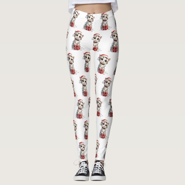 Leggings Cute Christmas Kitten on Gift Box (Devant)