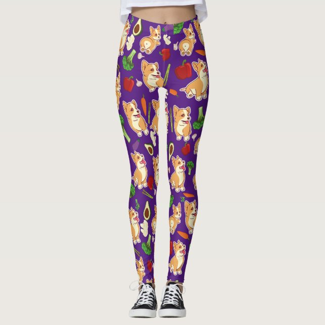 Leggings Cute Corgi and Vegetables Motif alimentaire violet (Devant)
