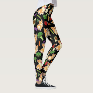 Leggings Cute Corgi et légumes Motif alimentaire Noir