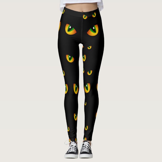 Leggings Cute Éffrayant Noir Halloween Cat Eyes dans la nui (Devant)