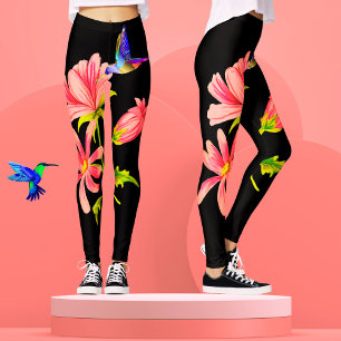 Leggings Cute Elegant Fille Noir Rose Floral Colibri