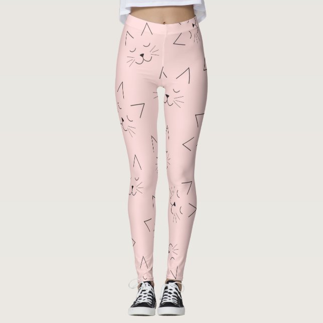 Leggings Cute Girl Black Kitty Chat visage rose Motif (Devant)