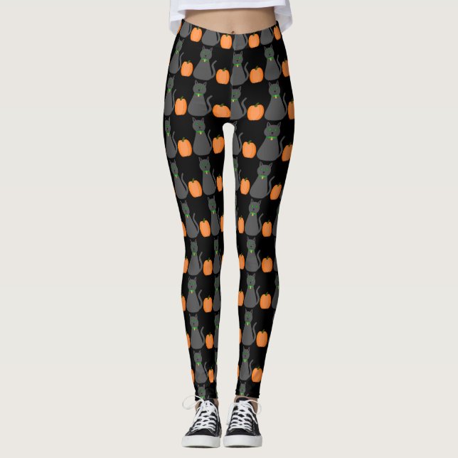 Leggings Cute Halloween Chat et Citrouille Motif (Devant)
