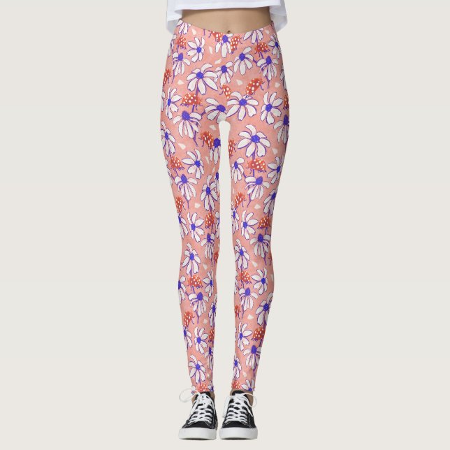 Leggings Cute Ladybugs et Daisies rose et bleu (Devant)