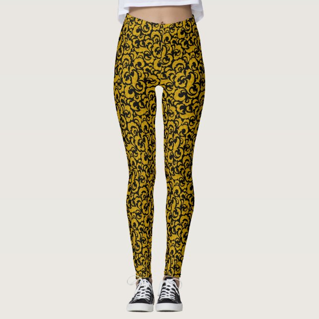 Leggings Cute noir doré motifs floraux sans couture Coque-M (Devant)