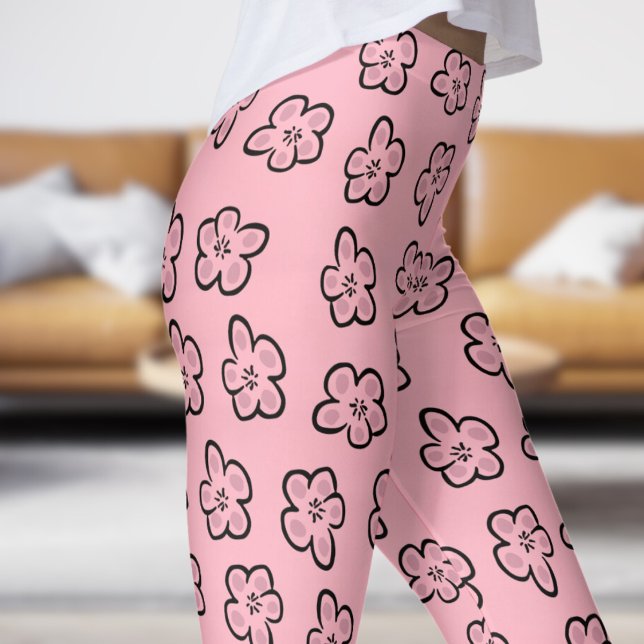 Leggings Cute rose Fleur Patten Floral (Modern Mimulus on Cherry Blossom Pink)