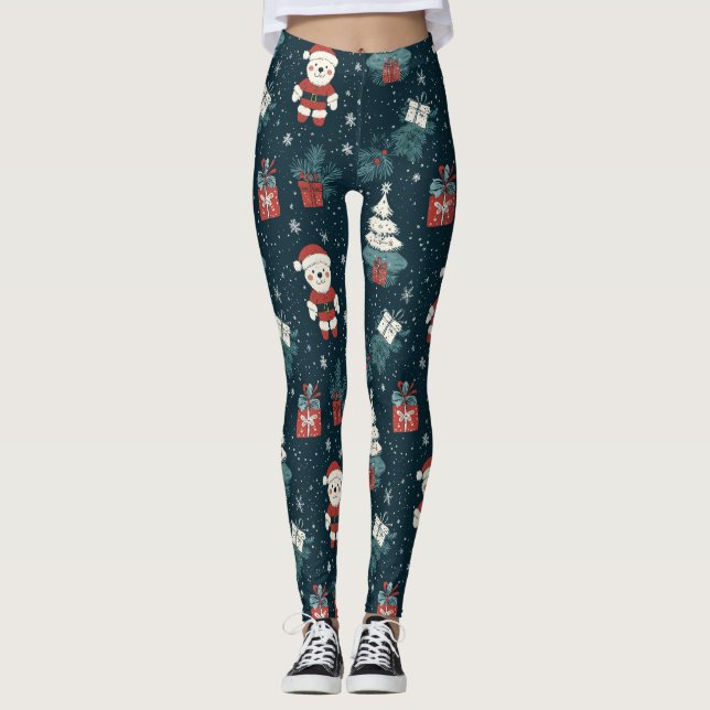 Leggings Cute Teddy Bear & Santa on Dark Green (1) (Devant)