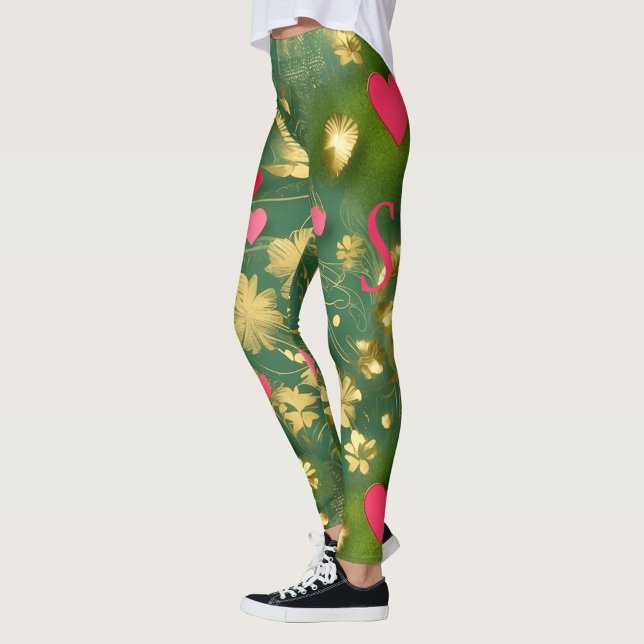 Leggings Cute Valentine's Day moss vert rose coeur floral (Créateur téléchargé)
