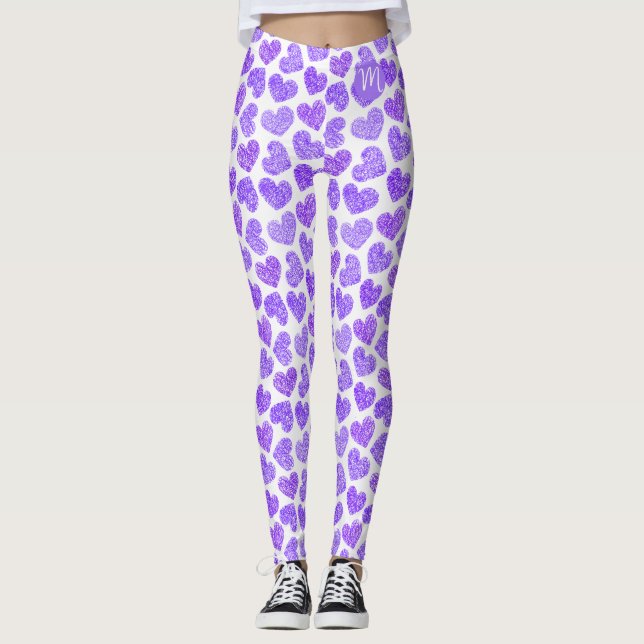 Leggings Cute violet Doodled Heart Saint Valentin Monogramm (Devant)