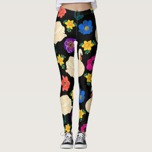 Leggings Cygnes, fleurs, arrière - plan noir dessiné à la m