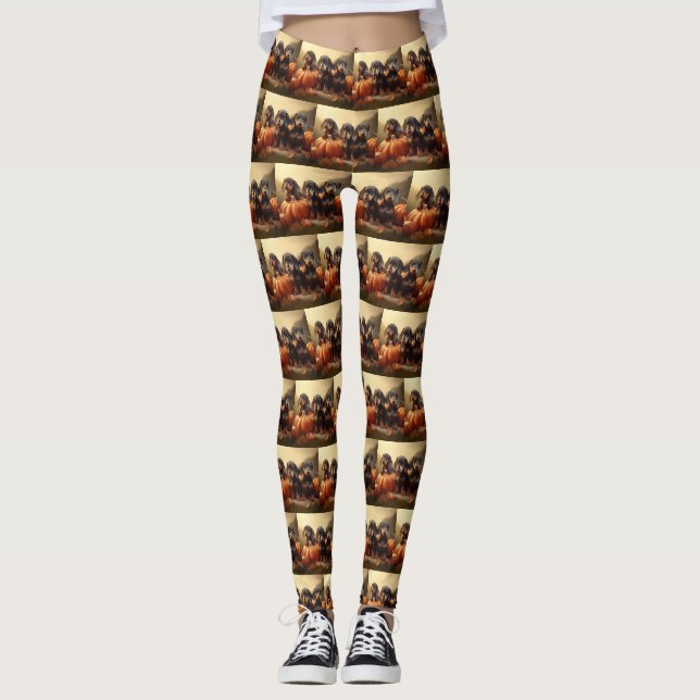 Leggings Dachshund Chiot Automne Citrouille de plaisir (Devant)