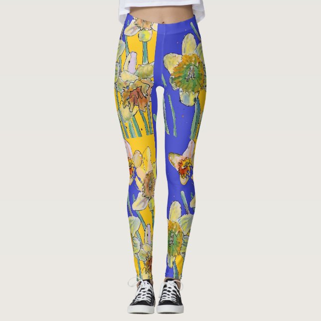 Leggings Daffodil Aquarelle Fleur Bleu Légumineuses Florale (Devant)