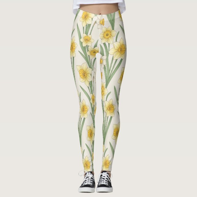 Leggings Daffodil Spring Floral in Soft Yellow and Green 4 (Devant)