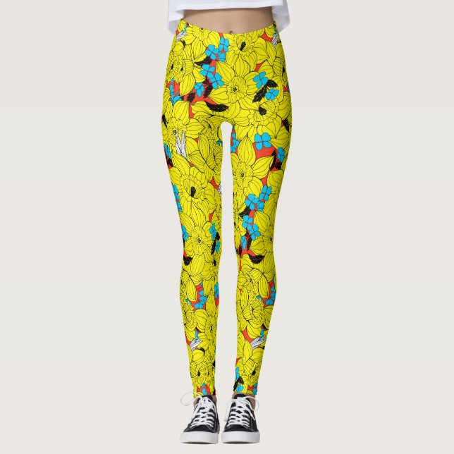 Leggings Daffodiques motif floral printanier (Devant)
