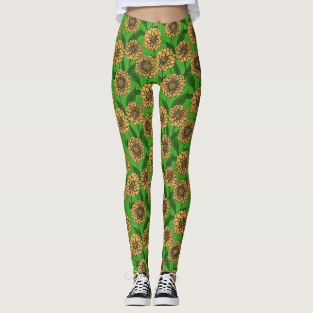 Leggings Dahlias en jaune et vert (Devant)