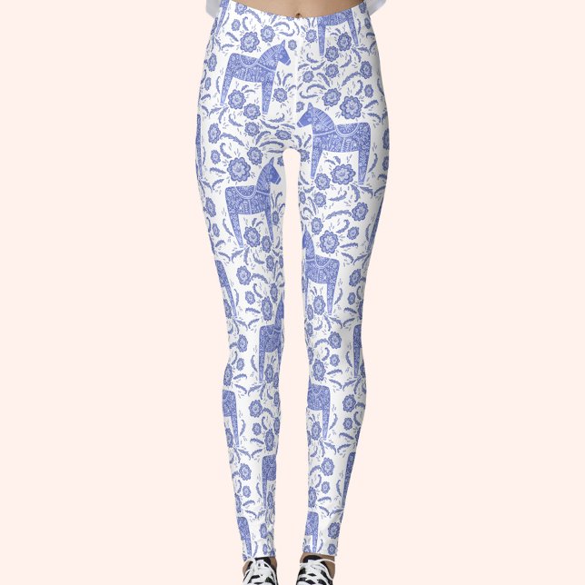 Leggings Dala Horse Suédois Indigo et Motif blanc (Swedish Dala Horse blue and white pattern leggings)