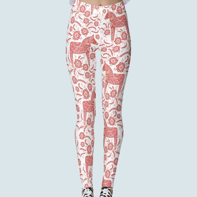 Leggings Dala Horse suédois Motif rouge et blanc (Swedish Dala Horse red and white patterned leggings)